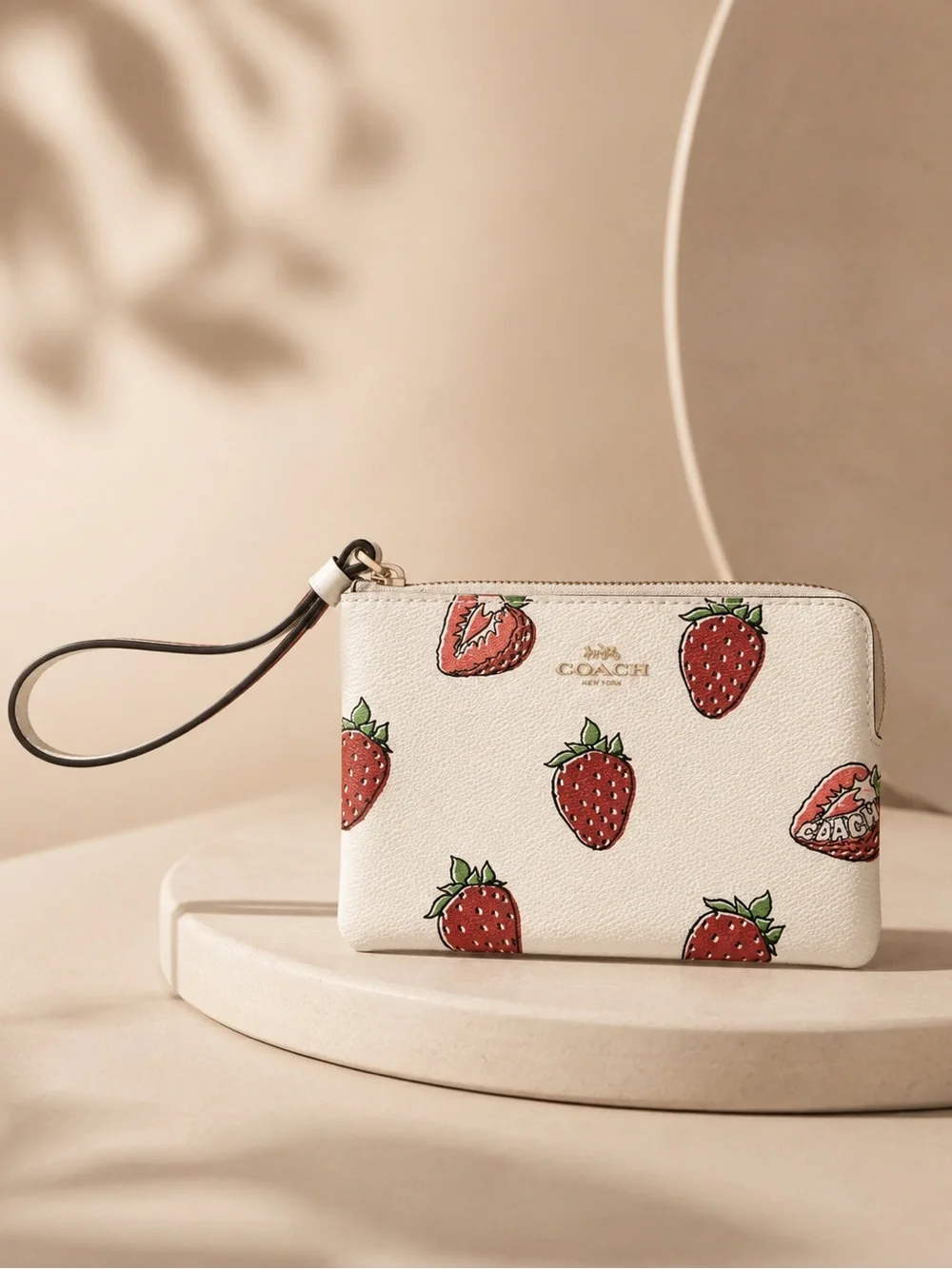 Coach Strawberry Print Wristlet White Signature Leather Zip Pouch